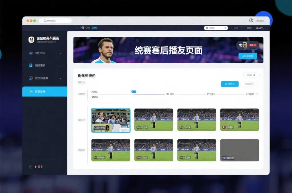 比赛结束后，电视屏幕展示集锦回放页面，旁边有时间轴和多角度切换提示